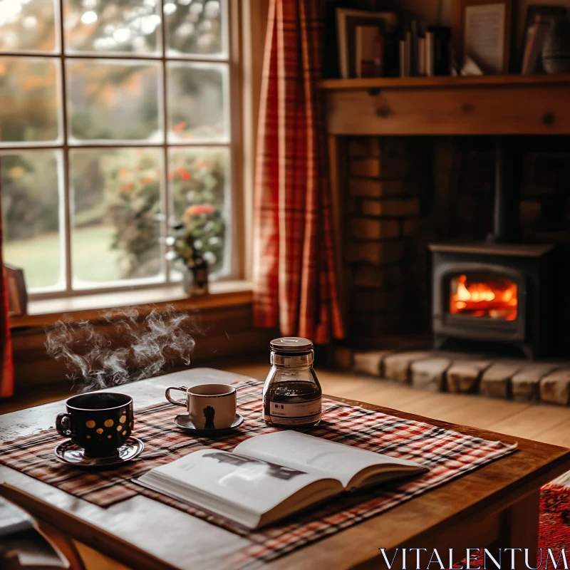 AI ART Cozy Interior with Coffee and Book