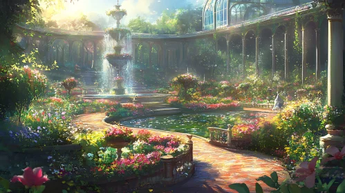 Sunlit Garden with Flowers and Fountain