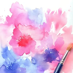 Pink and Blue Watercolor Flower Art