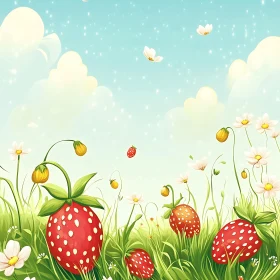 Whimsical Strawberry Field Illustration