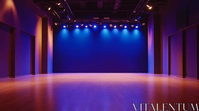 Spacious Room with Blue Lighting and Stage Setup AI Image