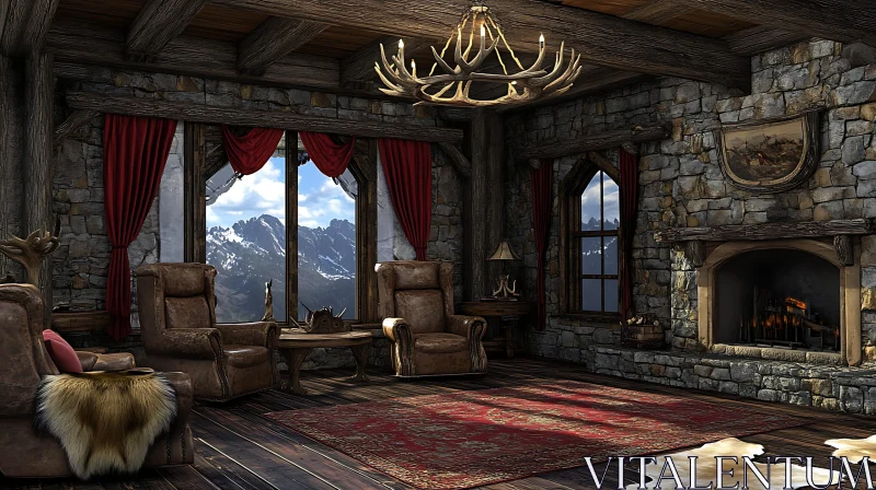 Cozy Stone Cottage Interior with Mountain View AI Image