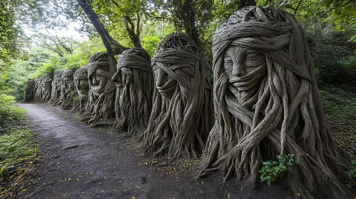 Wooden Faces Sculpture in the Forest