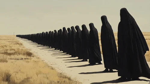 Endless Line of Black Robed Figures