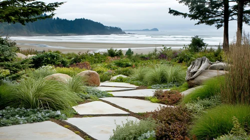 Serene Beachfront Garden with Stone Pathway