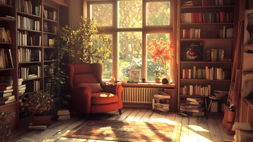 Sunlit Library with Armchair