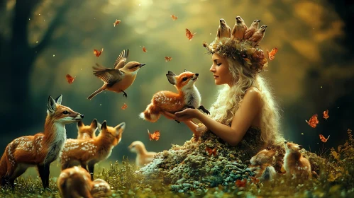 Mystical Forest Scene with Woman and Foxes