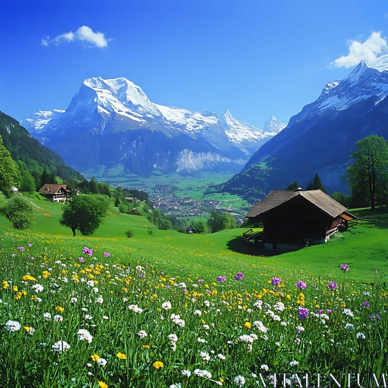 AI ART Alpine Scenery: Flower Meadow and Snowy Mountains