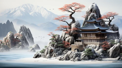 Ancient Asian Temple in Snowy Mountain Landscape