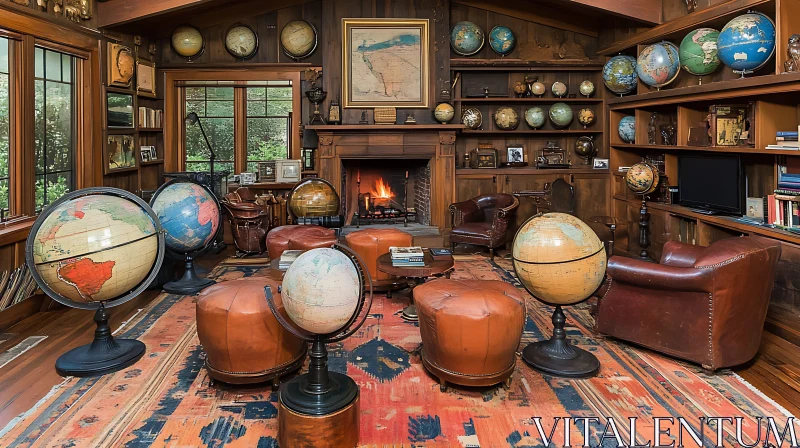 AI ART Vintage Globes Room with Fireplace