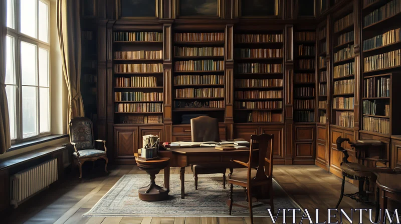 AI ART Vintage Home Library with Study Desk