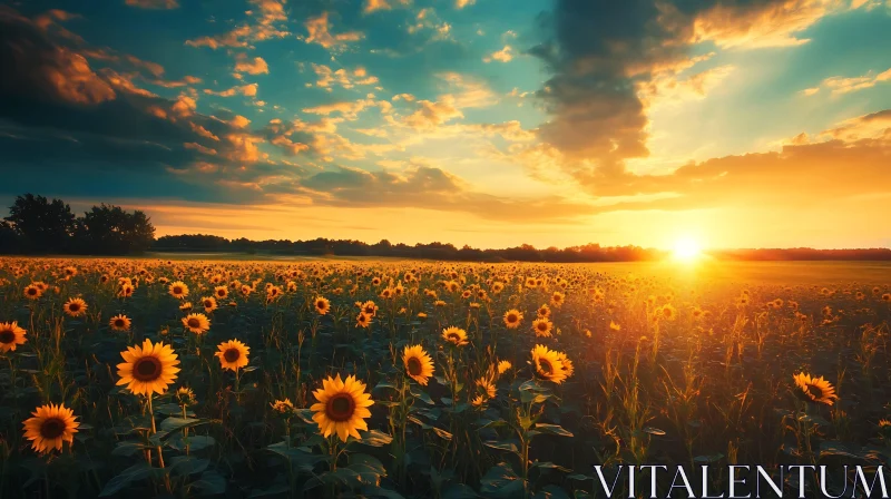 Sunset over a Sunflower Meadow AI Image