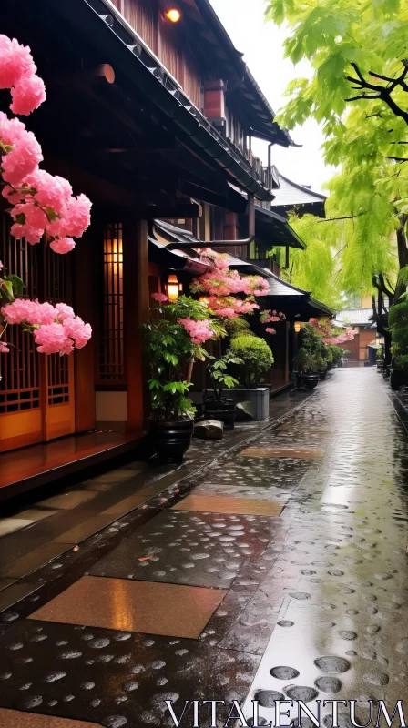 Captivating Flower Garden on a Serene Sidewalk | Japanese Renaissance Style AI Image