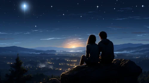 Couple Stargazing Over City - Anime Art