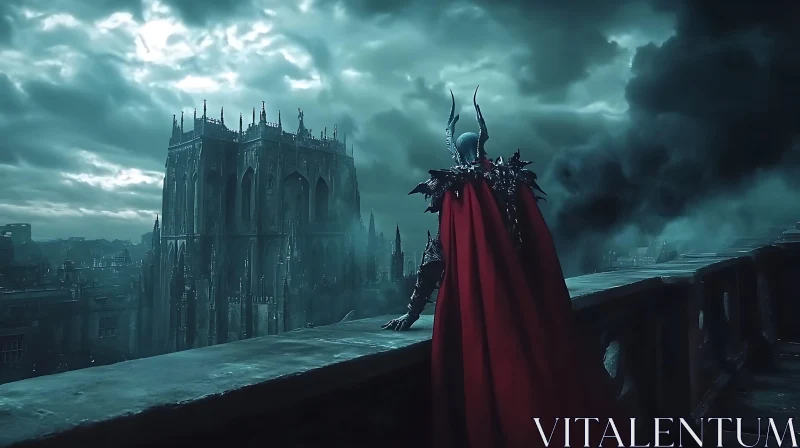 Warrior in Red Cape, Gothic City View AI Image