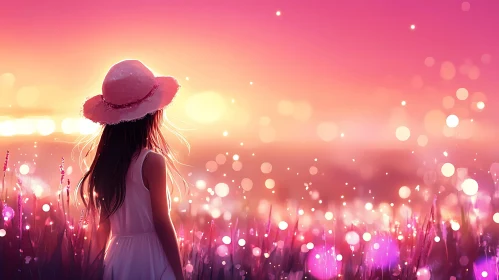 Pink Sunset View with Girl in Field