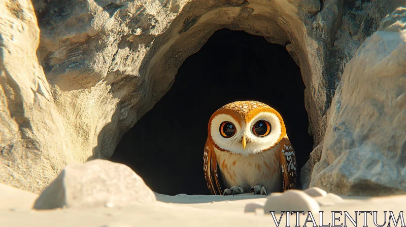 Owl Peering from Rocky Cave AI Image