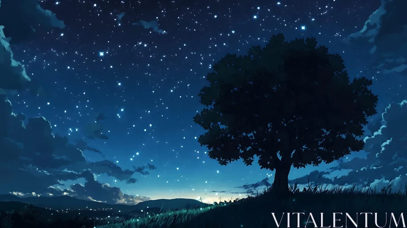 Night Sky and Tree Landscape AI Image