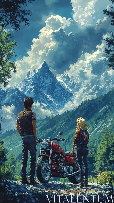 Couple's Mountain Motorcycle Adventure AI Image