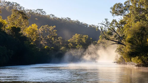 Peaceful Morning by the River with Mist and Sunlight