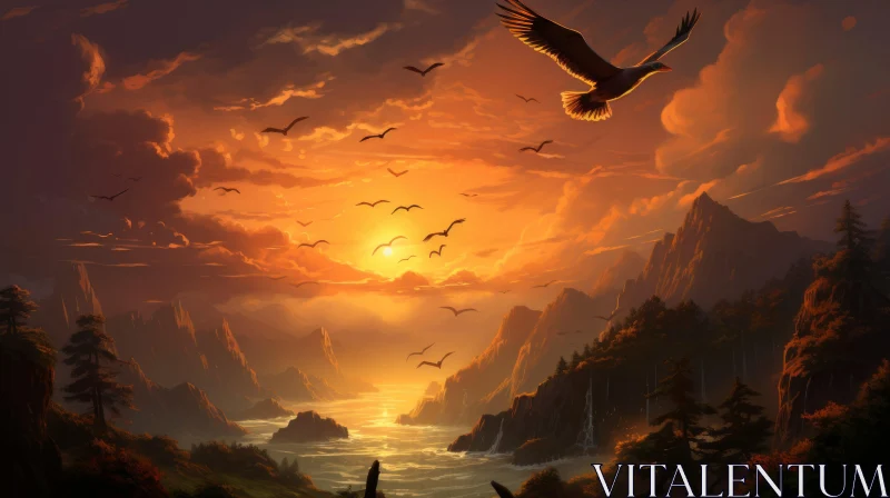 Eagle Soaring Over Golden Coastal Landscape AI Image