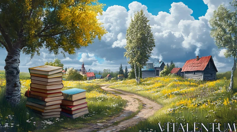 Idyllic Village Scene with Stacked Books AI Image