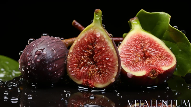 Ripe Figs and Droplets on Black Surface: A Colorful Still Life AI Image