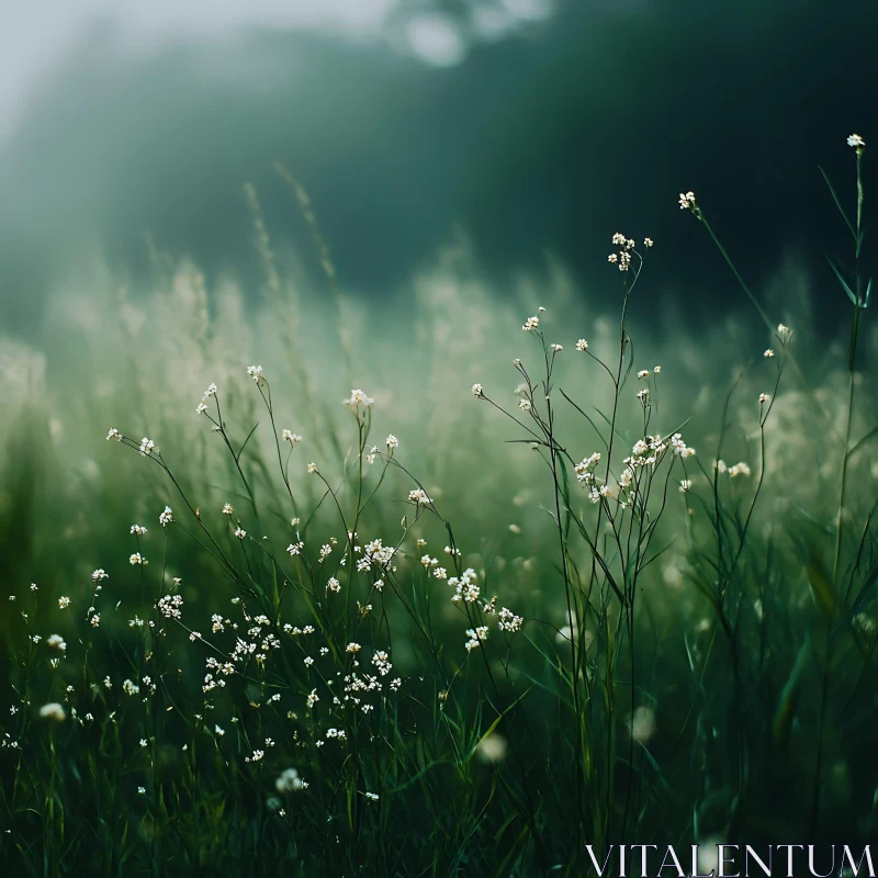 AI ART Peaceful Green Field with White Flowers