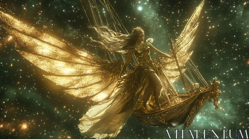 AI ART Golden Ship Angel in Starry Space