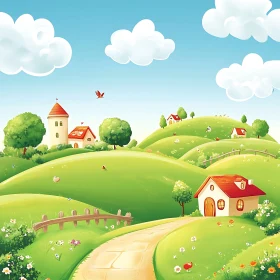 Whimsical Cartoon Landscape with Green Hills