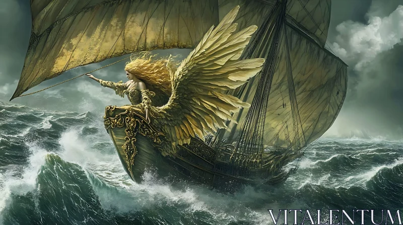 Golden Winged Woman on Ship AI Image