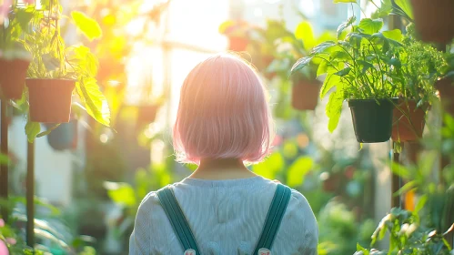 Girl with Pink Hair Surrounded by Plants