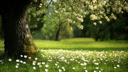 White Flowers and Tree in Meadow