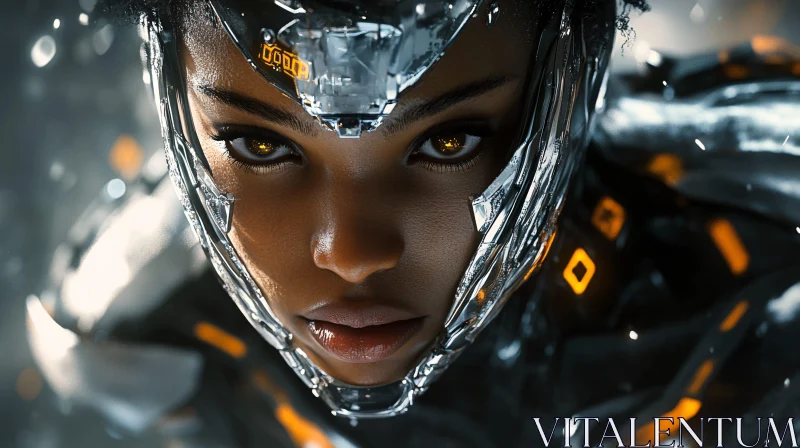 Cyborg with Luminous Golden Eyes and Metallic Features AI Image