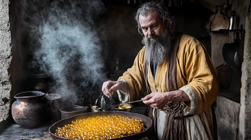Old-Fashioned Cooking Scene with Bearded Man