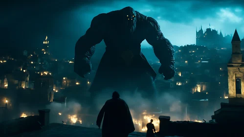 Giant Monster Overlooks Burning City