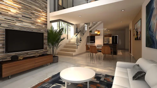 Contemporary Home Interior with TV and Staircase