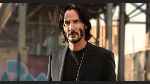 Keanu Reeves Black Suit Industrial Background