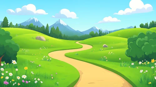 Cartoon Field With Winding Path And Mountains