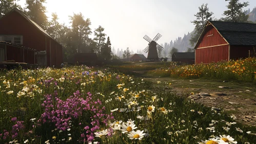 Rural Farm with Windmill and Wildflowers