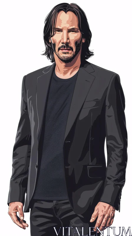 Keanu Reeves Stylized Portrait in Dark Attire AI Image