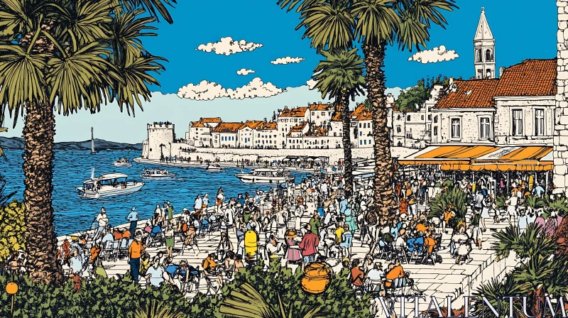 AI ART Seaside Cityscape with Crowds and Boats