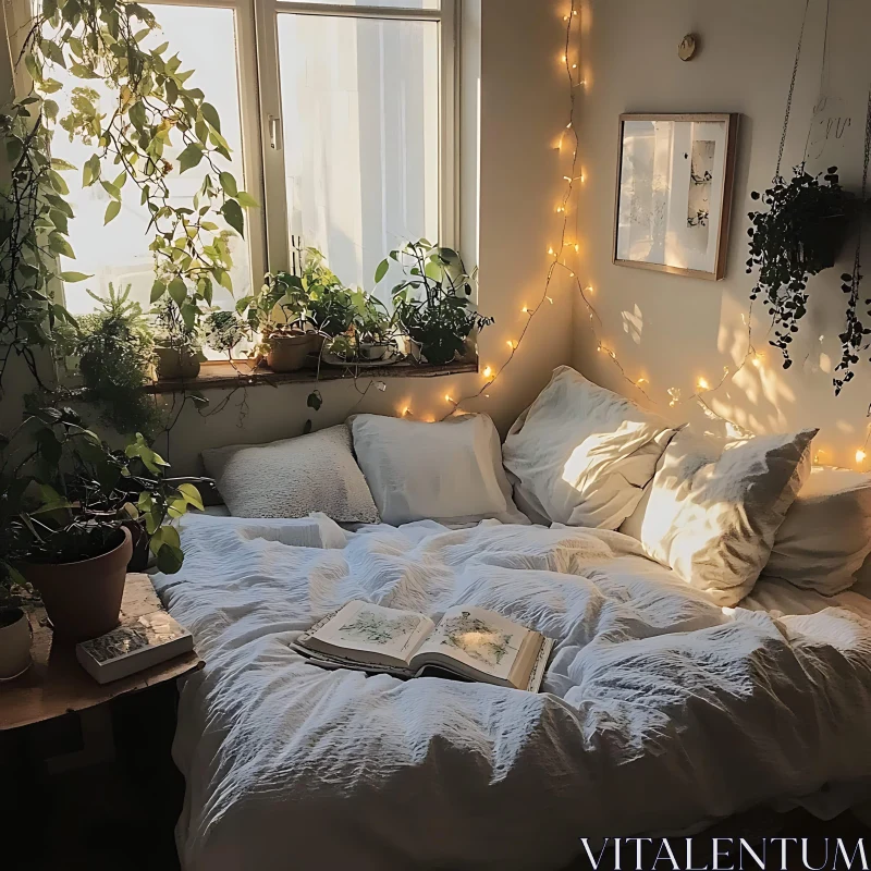 AI ART Sunlit Bedroom with Plants and Open Book