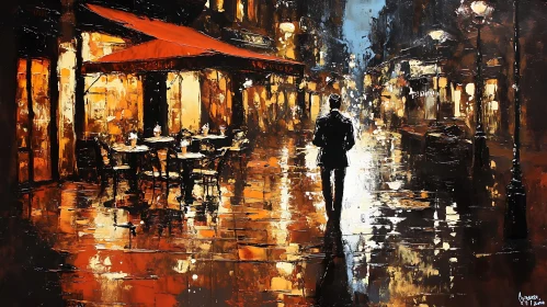 Rainy Night Scene with Figure and Cafe