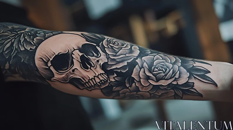 Realistic Skull and Roses Forearm Tattoo AI Image