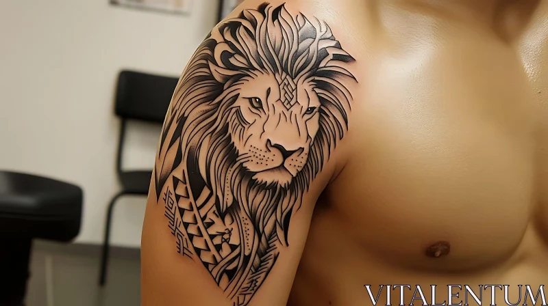 Lion Head Tattoo with Geometric and Tribal Elements AI Image