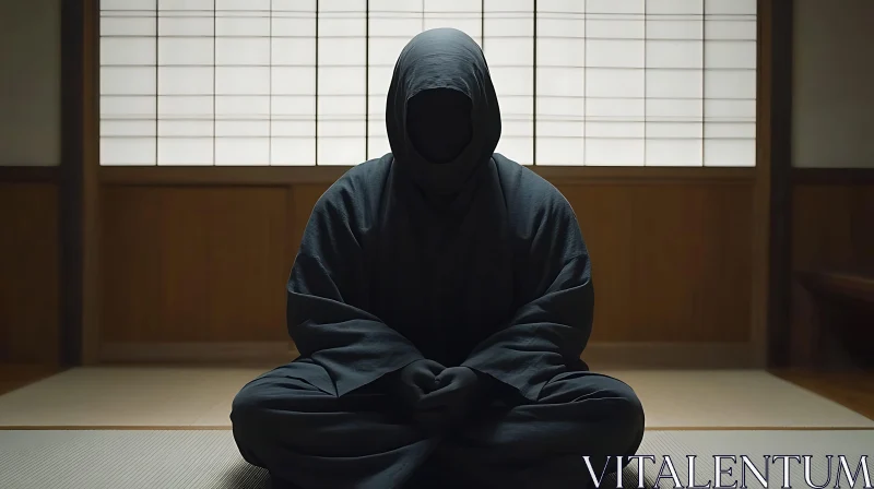 AI ART Hooded Figure Meditating in Japanese Room