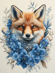 Fox with Blue Flowers