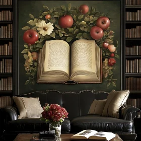 Classic Library with Book and Apples