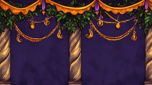 Ornate Columns and Festive Garland